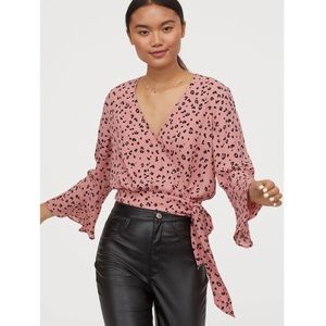 Divided by H&M Wrap Pink Leopard Bell Sleeve Tie Top